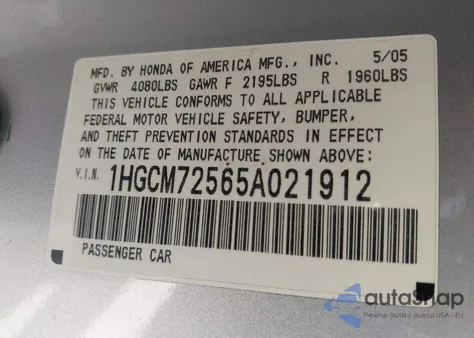 2005 Honda Accord 2.4 Lx Special Edition из США, поврежденный, VIN 1HGCM72565A021912